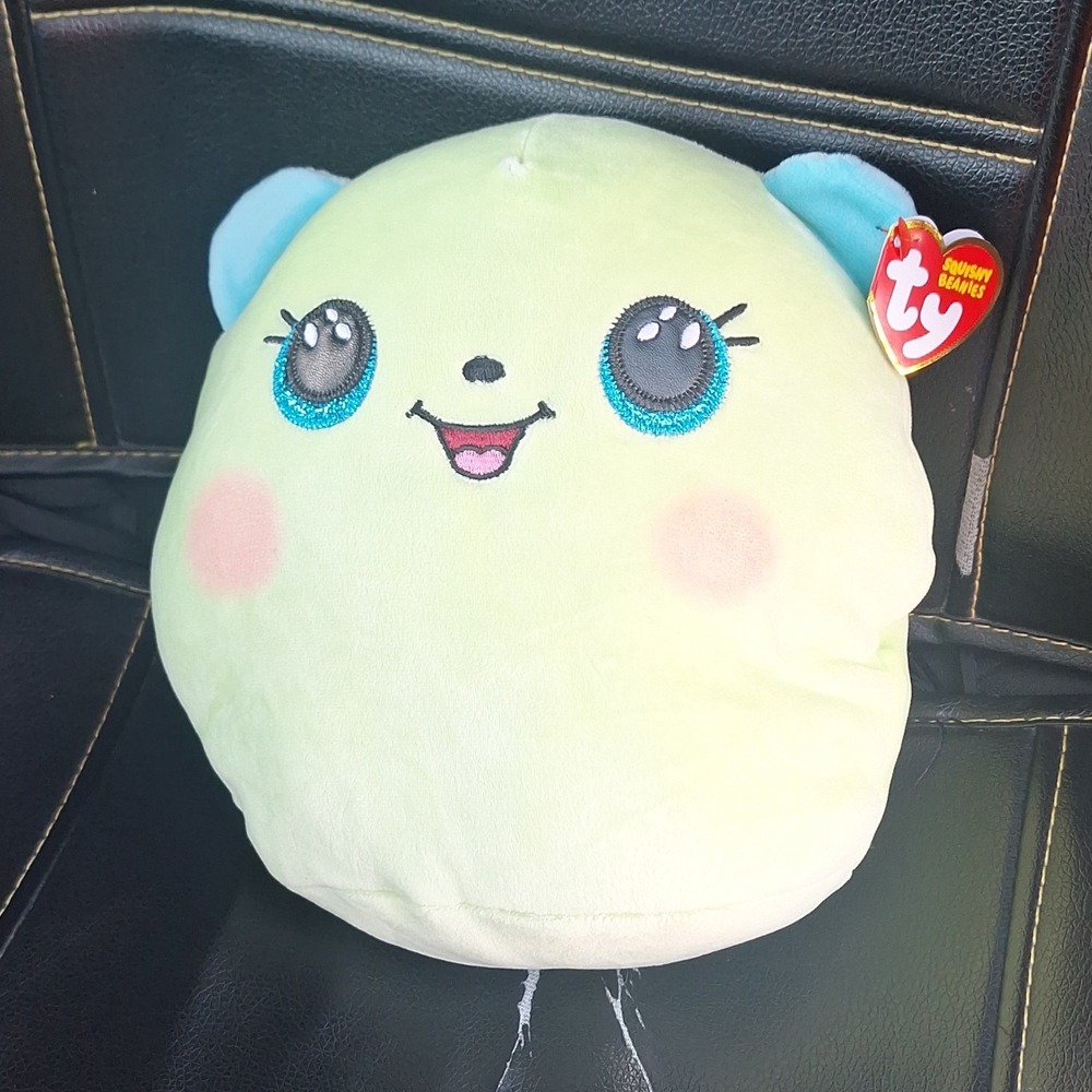 Ty Squishy Beanies Clover Green Bear Blue Ears Round Plush Toy Heart Tag
